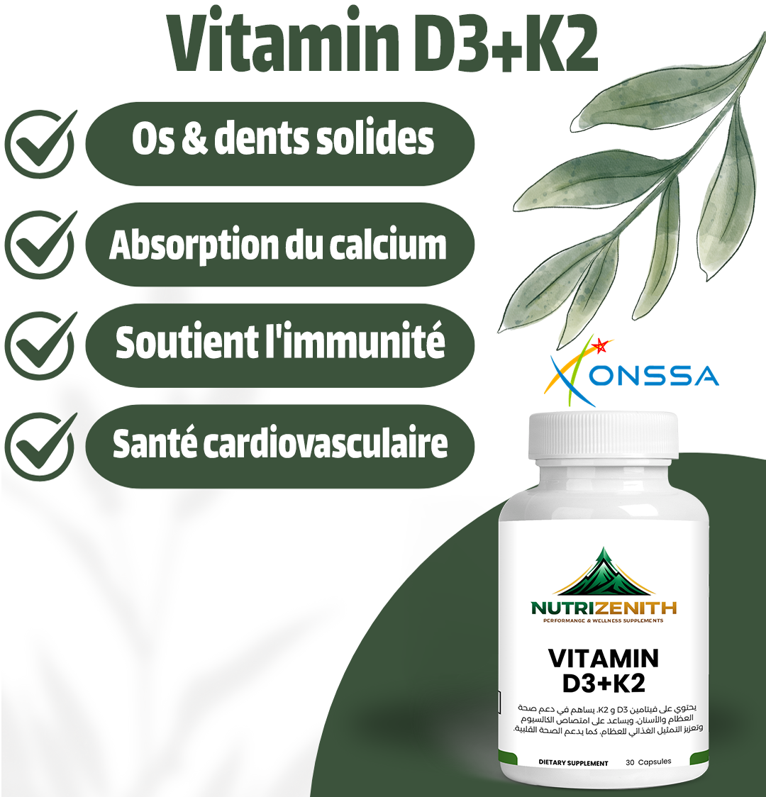 Vitamine D3 + K2 Hautement Dosée – Soutien des Os et du Système Immunitaire